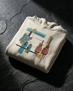 Oatmeal Heather Expansion Hoodie folded on dark stone, showing a geometric cloth patch, two wineskins and dark drips within a colored grid.