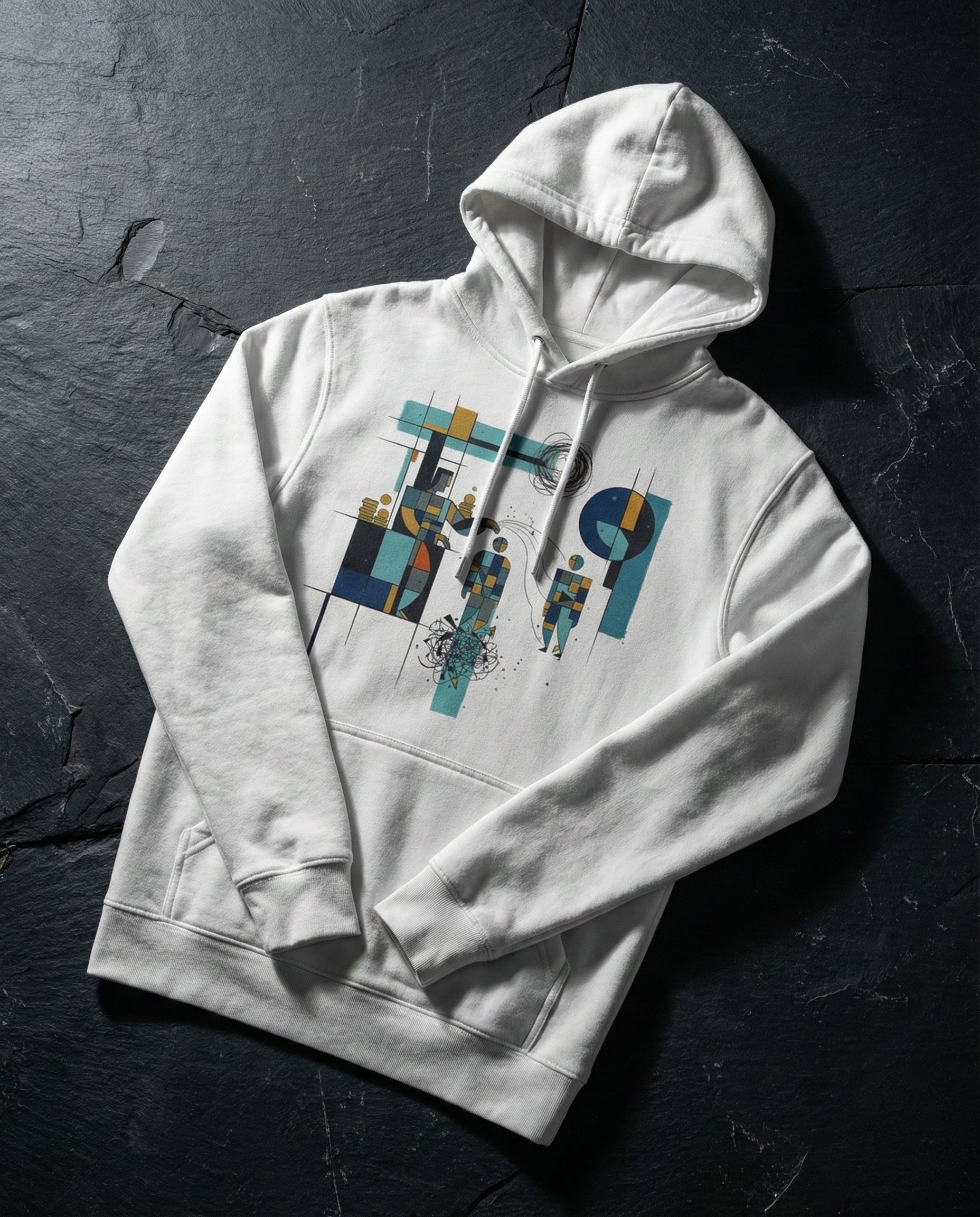 White hoodie with abstract design on a dark surface