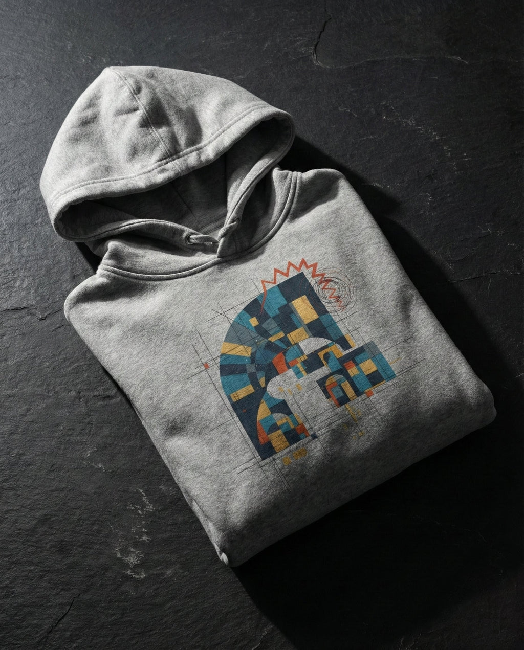 Folded gray hoodie with a colorful geometric design on a dark surface