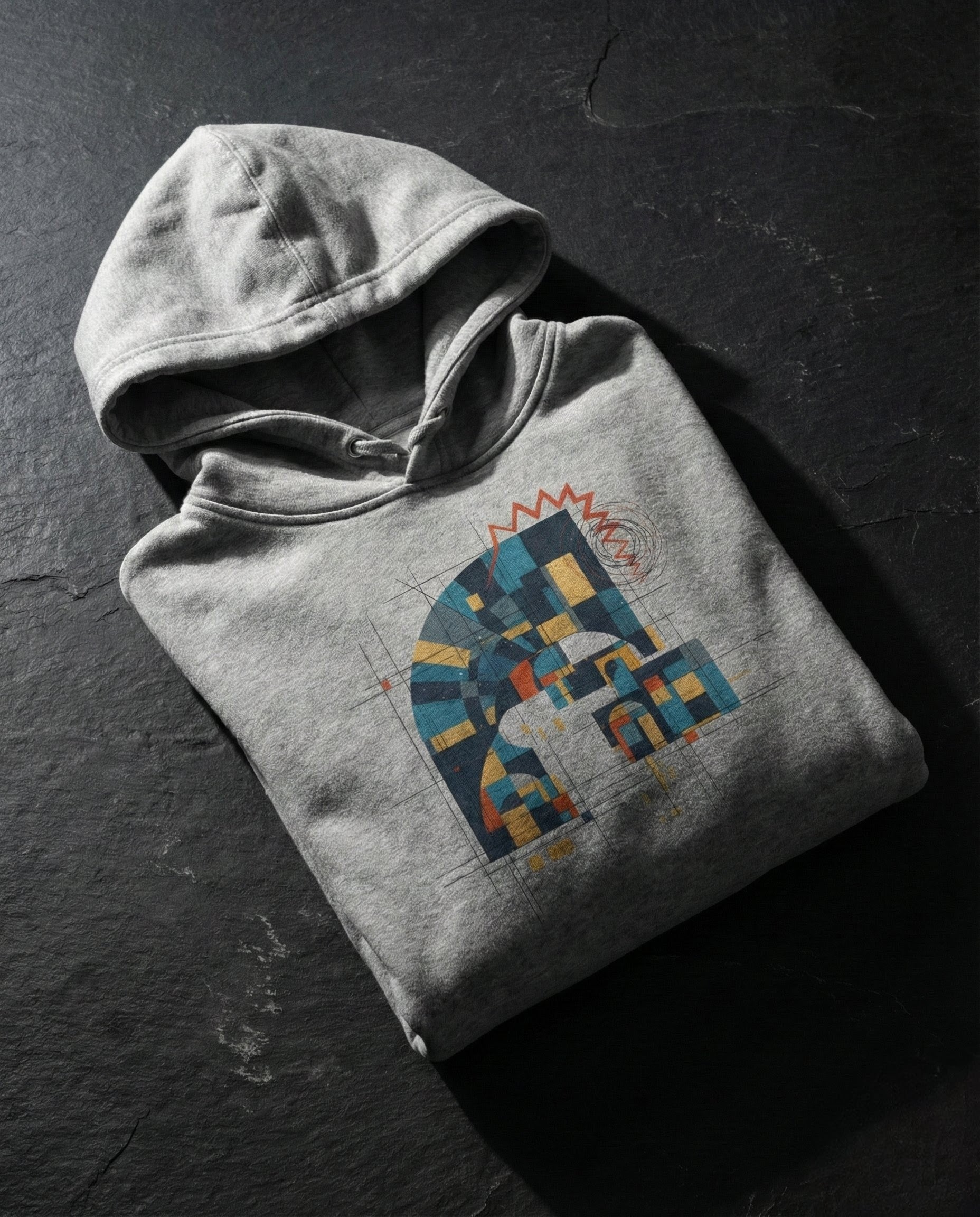 Folded gray hoodie with a colorful geometric design on a dark surface