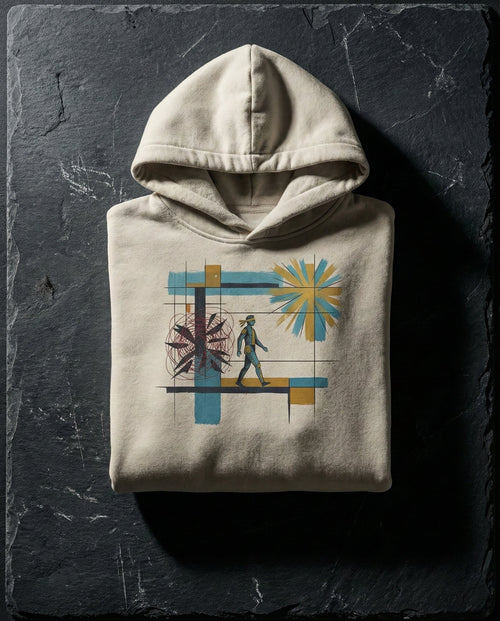 Folded hoodie with a graphic design on a dark textured surface