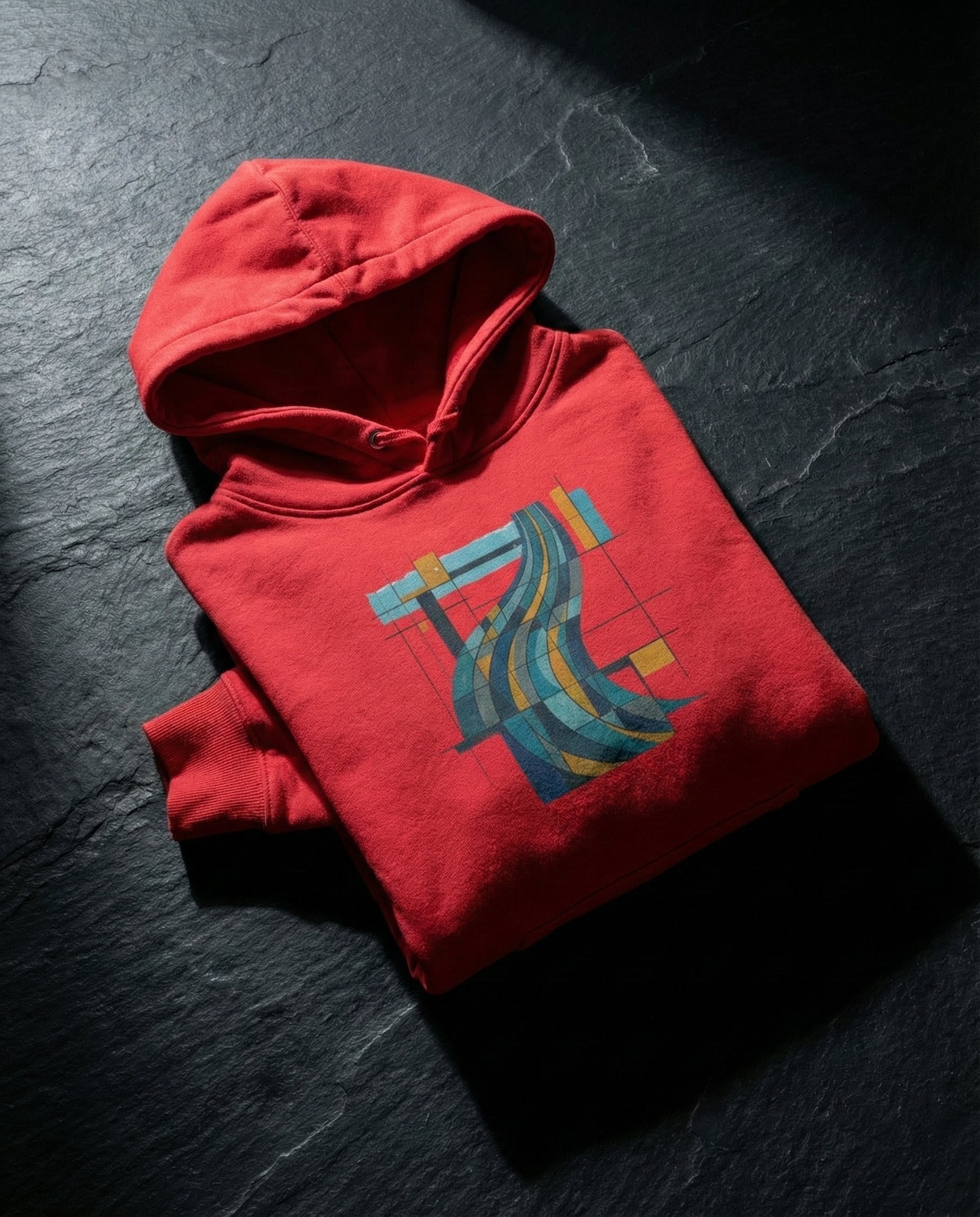 Folded red hoodie with a colorful graphic on a dark surface