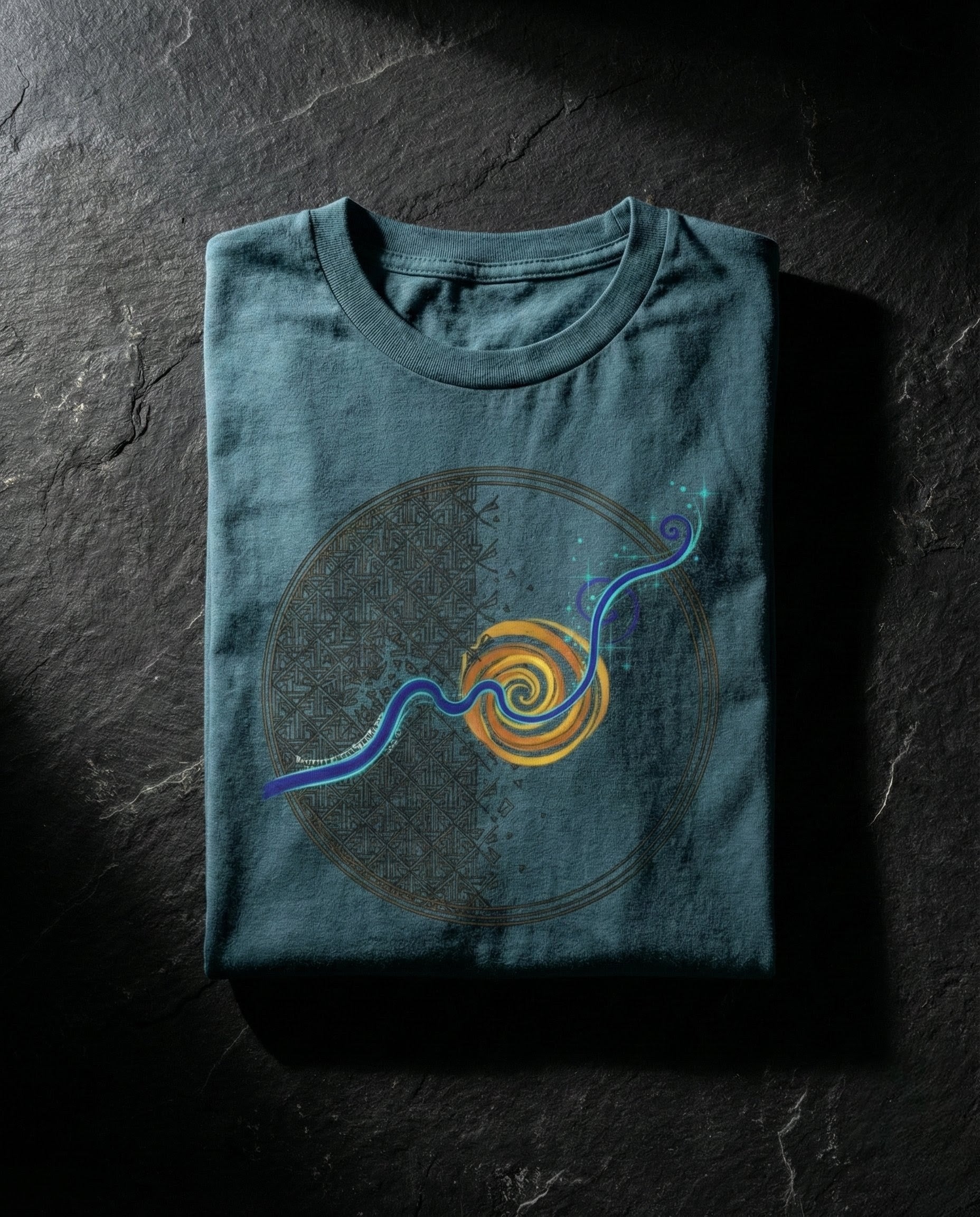 Folded teal t-shirt with a spiral design on a dark surface