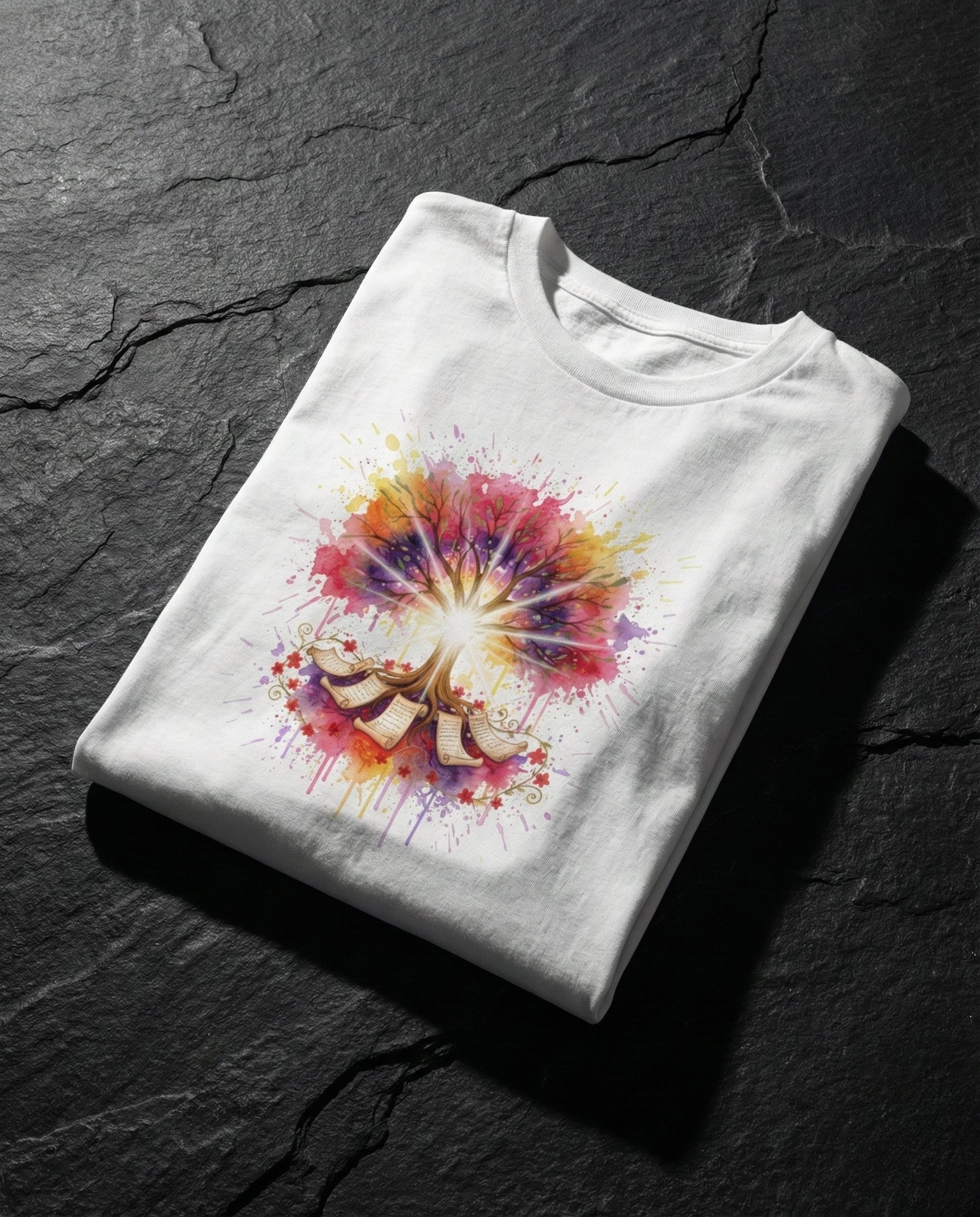 Folded white t-shirt with colorful abstract design on a dark stone surface