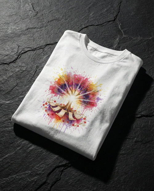 Folded white t-shirt with colorful abstract design on a dark stone surface