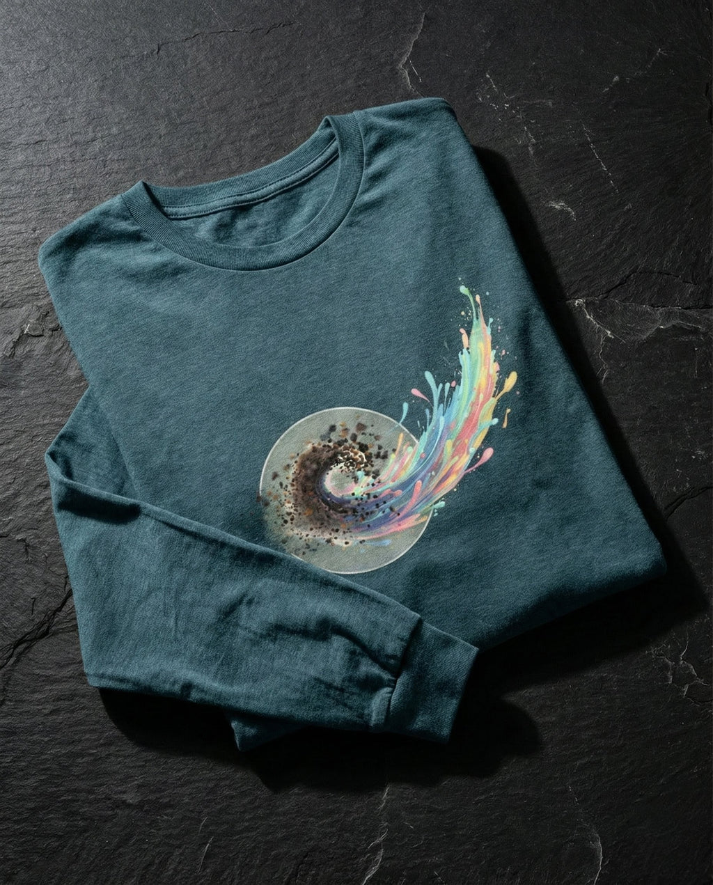 Green t-shirt with a colorful abstract design on a dark surface