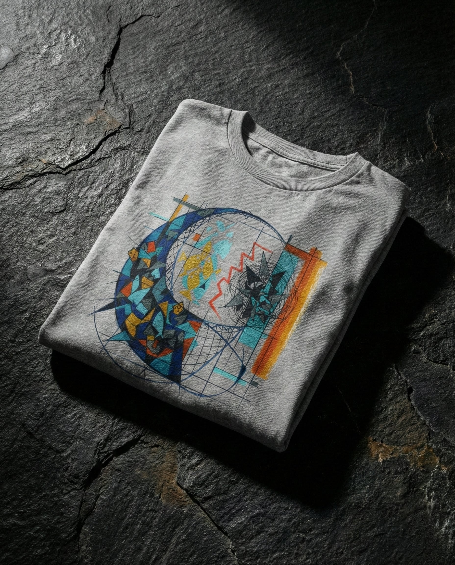 Folded t-shirt with a colorful abstract design on a dark stone surface