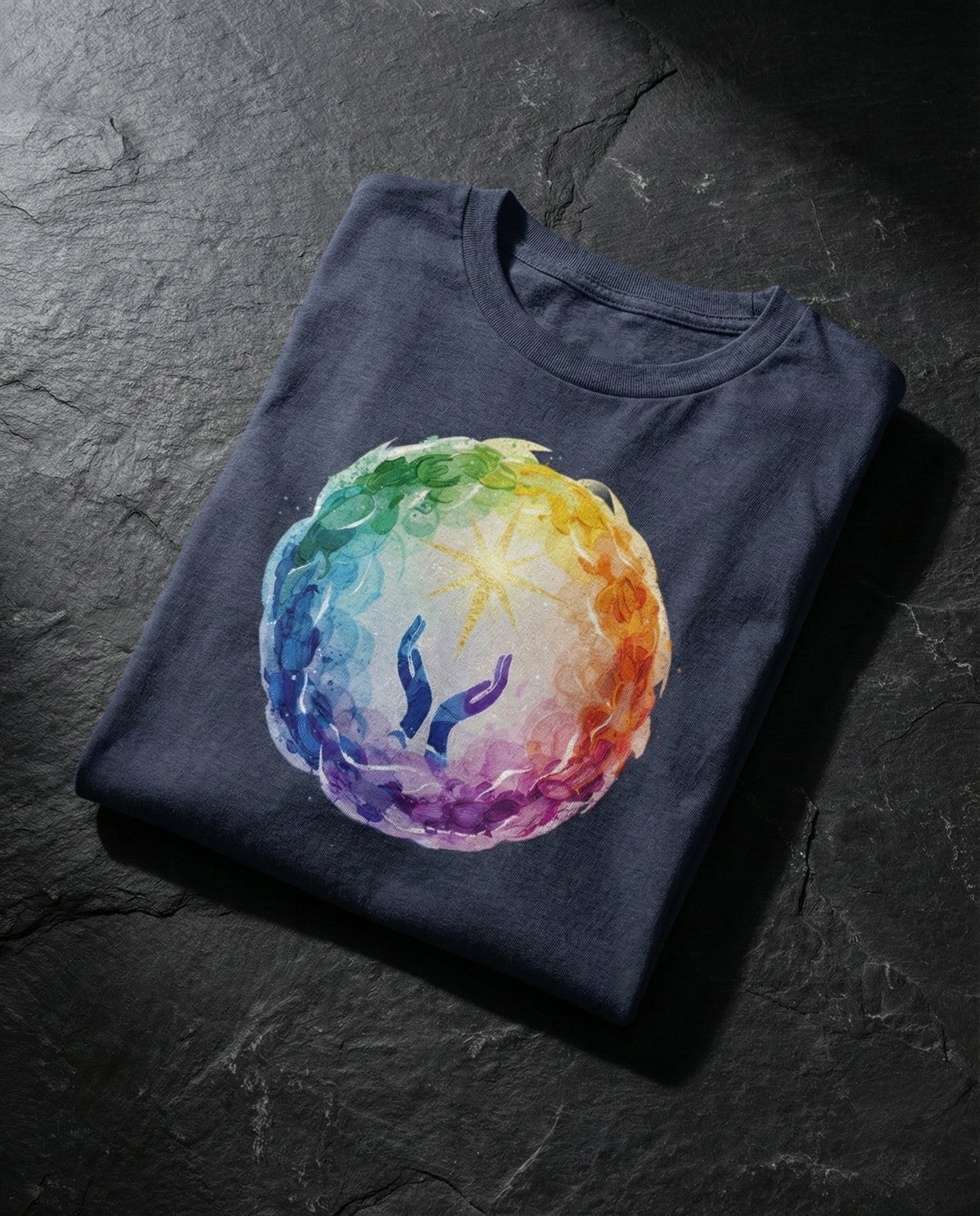 Navy blue t-shirt with a colorful abstract design on a dark stone surface