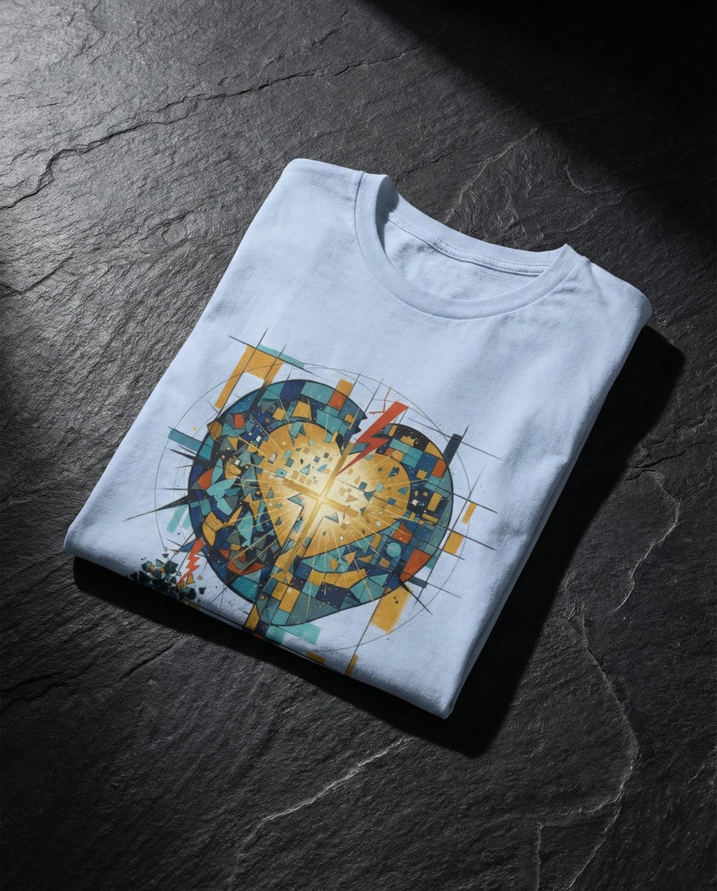 Folded t-shirt with a colorful abstract design on a dark stone surface