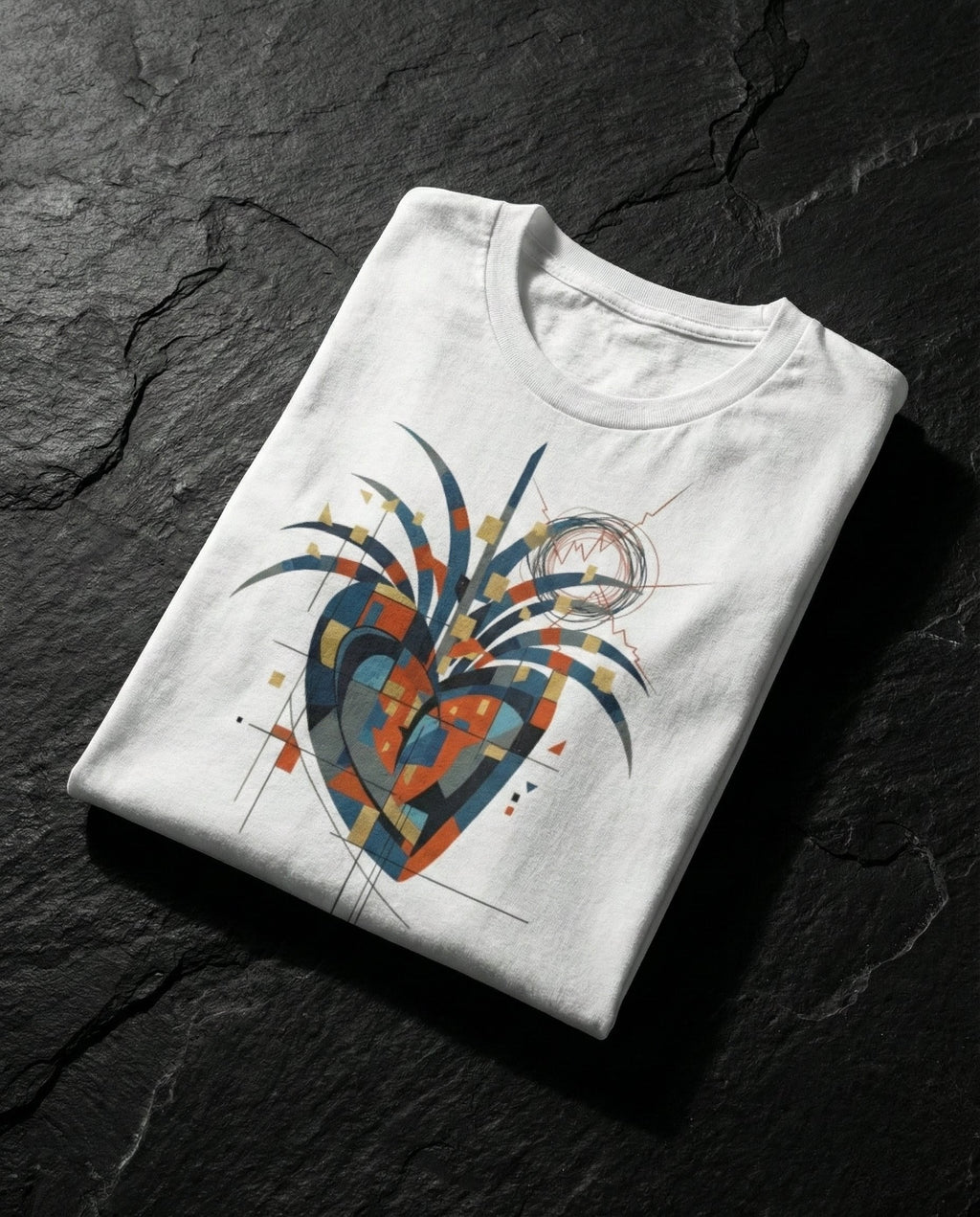 Folded white t-shirt with a colorful abstract design on a dark surface