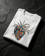 White East West Tee folded on dark stone, showing a geometric heart, blue wing-like forms, gold squares and red and black scribbles.