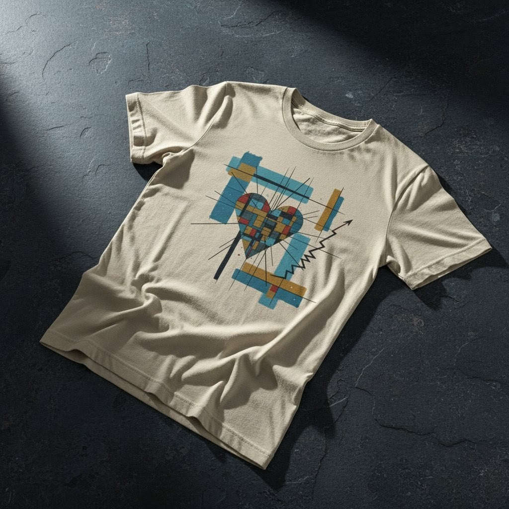 Beige t-shirt with a colorful heart design on a dark textured surface