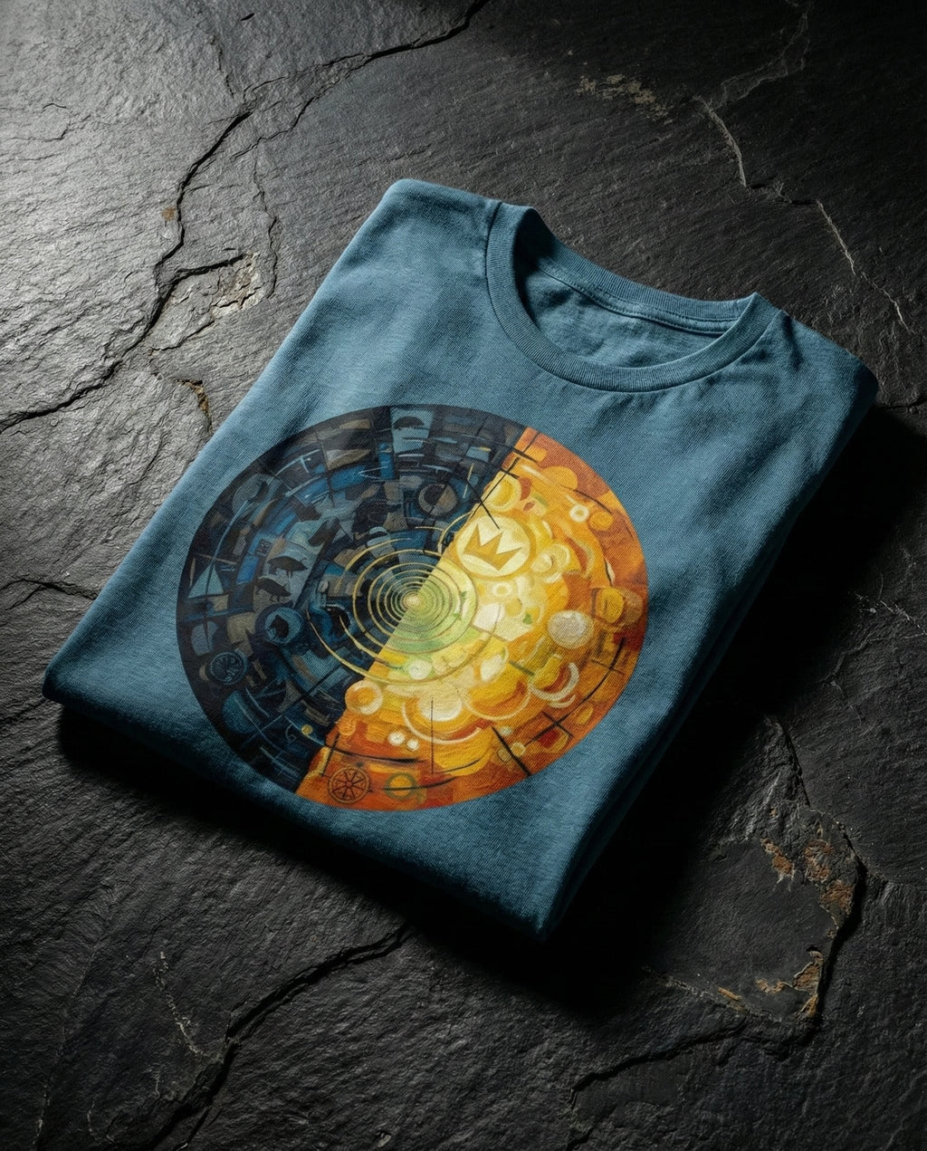 Folded blue t-shirt with a circular design on a dark stone surface