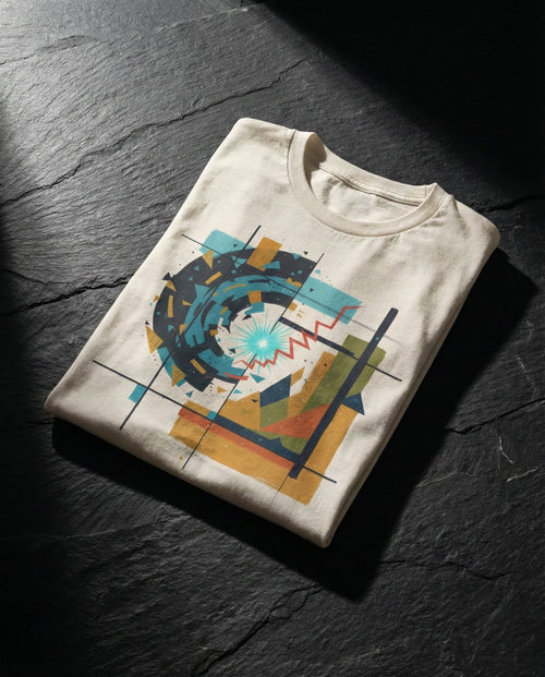 Folded t-shirt with a colorful geometric design on a dark surface