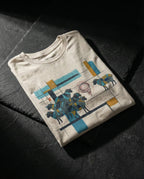 Heather Dust One Percent tee folded on dark stone, showing geometric sheep, blue and gold bars and a red scribble separating one sheep from the flock.