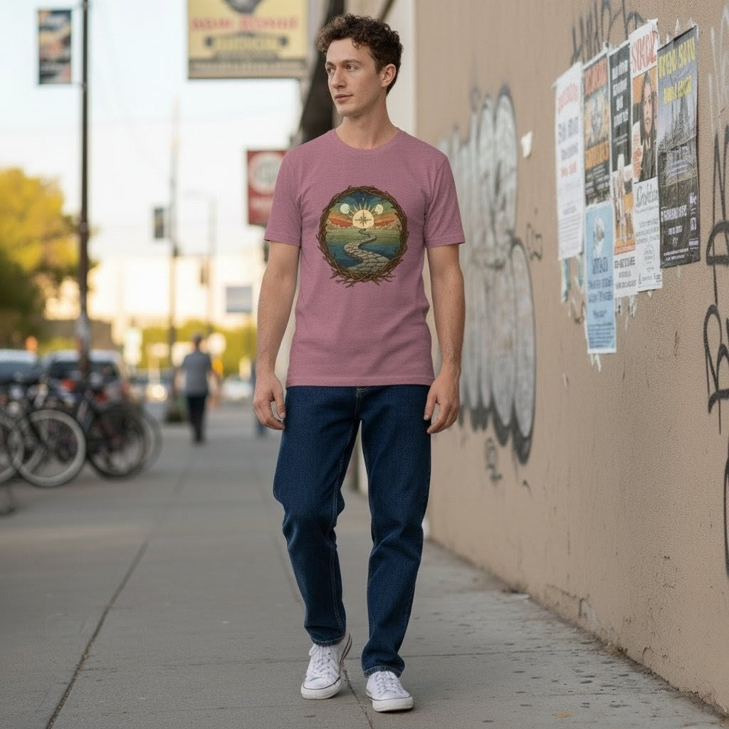 Man walking on a sidewalk wearing a pink t-shirt with a graphic design, blue jeans, and white sneakers.