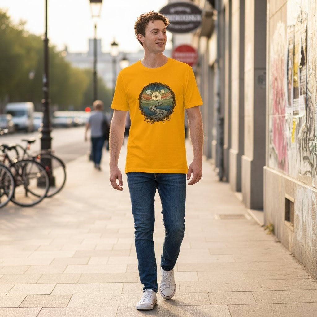 Man wearing a yellow t-shirt with a graphic design walking on a city sidewalk.
