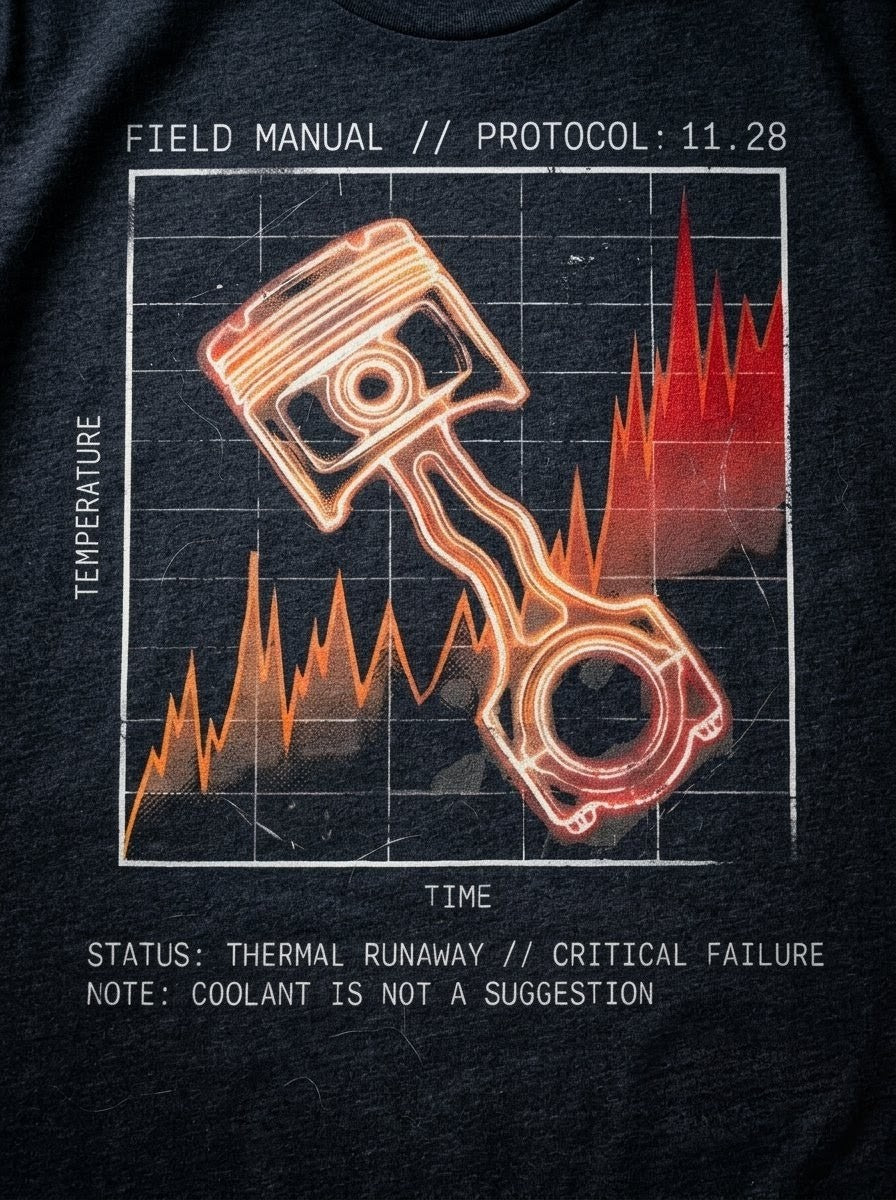 "Detailed view of the Selah Supply Co. 'Thermal' graphic, showing the 'Fused Piston' and 'Runaway Graph.' The design serves as a diagnostic for the operator, reminding them that Christ’s rest is a mechanical requirement for the soul."