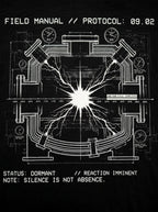 Close-up of the Reaction artwork: a chamber schematic with pressure gauges, a timeline and a central burst of light above the Silence Is Not Absence note.