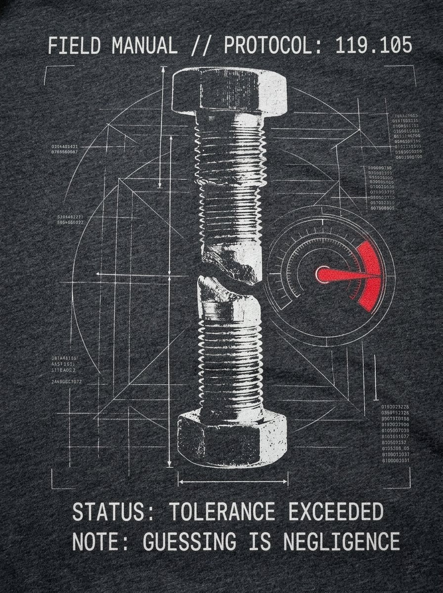 "Detailed view of the Selah Supply Co. 'Torque' graphic, depicting a heavy-duty bolt snapped in half and a gauge in the red. The design serves as a visual parable for Psalm 119:105, contrasting the wreckage of guessing with the safety of following God's Word."