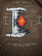 Close-up of a heather brown T-shirt's front print showing a white I-beam with a red-orange glowing spot, stress diagrams, and THERMAL YIELD text.