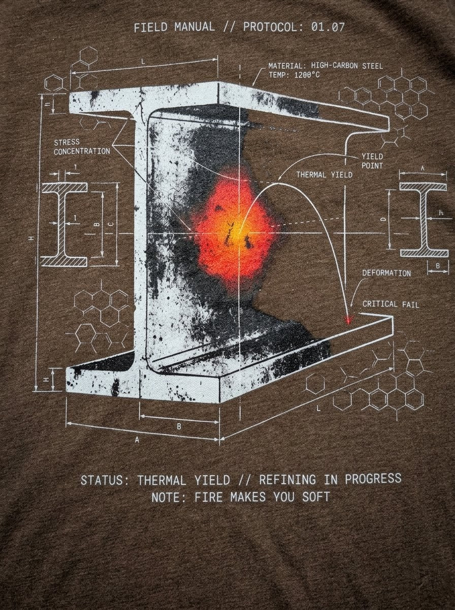 Selah Supply Co. heather brown 'Yield' t-shirt laid flat on a rustic wooden workbench. The graphic features technical 'Potential Energy' charts and 1 Peter 1:7 references, designed as a conversation-starting piece of Christian streetwear.