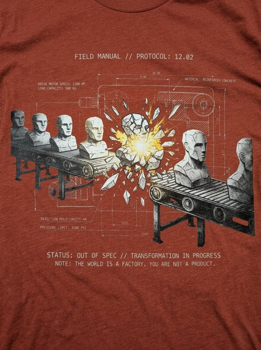 Red t-shirt with a graphic design of a machine transforming figures, on a red background.