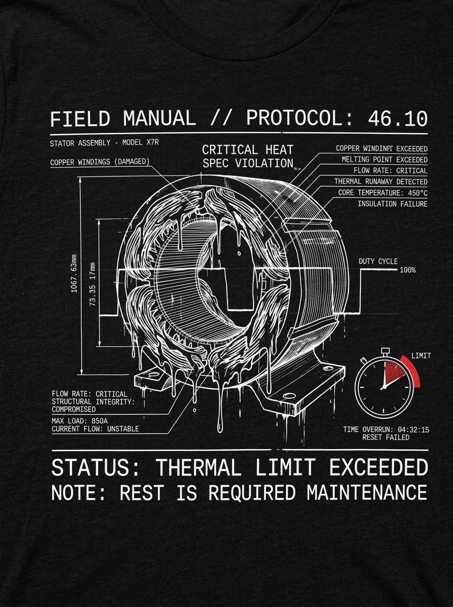 Technical diagram on a black background with text about thermal limits and maintenance.