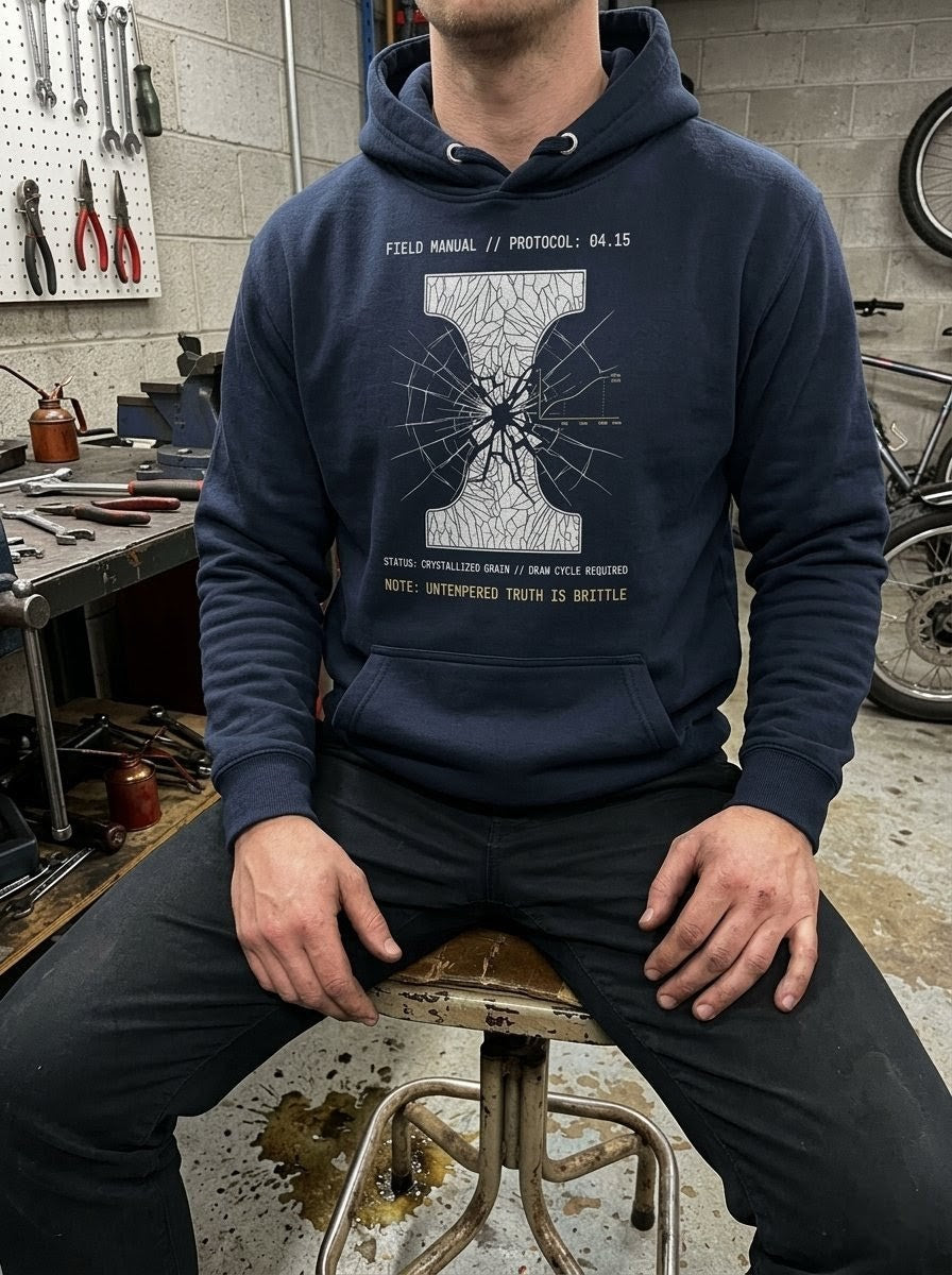 Model in a mechanical garage setting wearing a Selah Supply Co Navy Blazer hoodie with a high-contrast structural impact design representing the 'Shatter Point' of untempered truth.