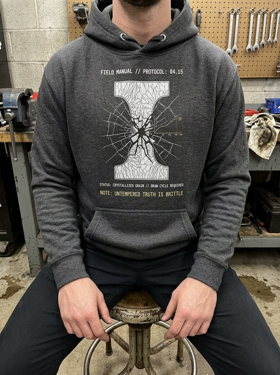 Person in a tool-filled workshop wearing a Selah Supply Co Charcoal Heather graphic hoodie with a technical blueprint of a crystallized grain draw cycle.