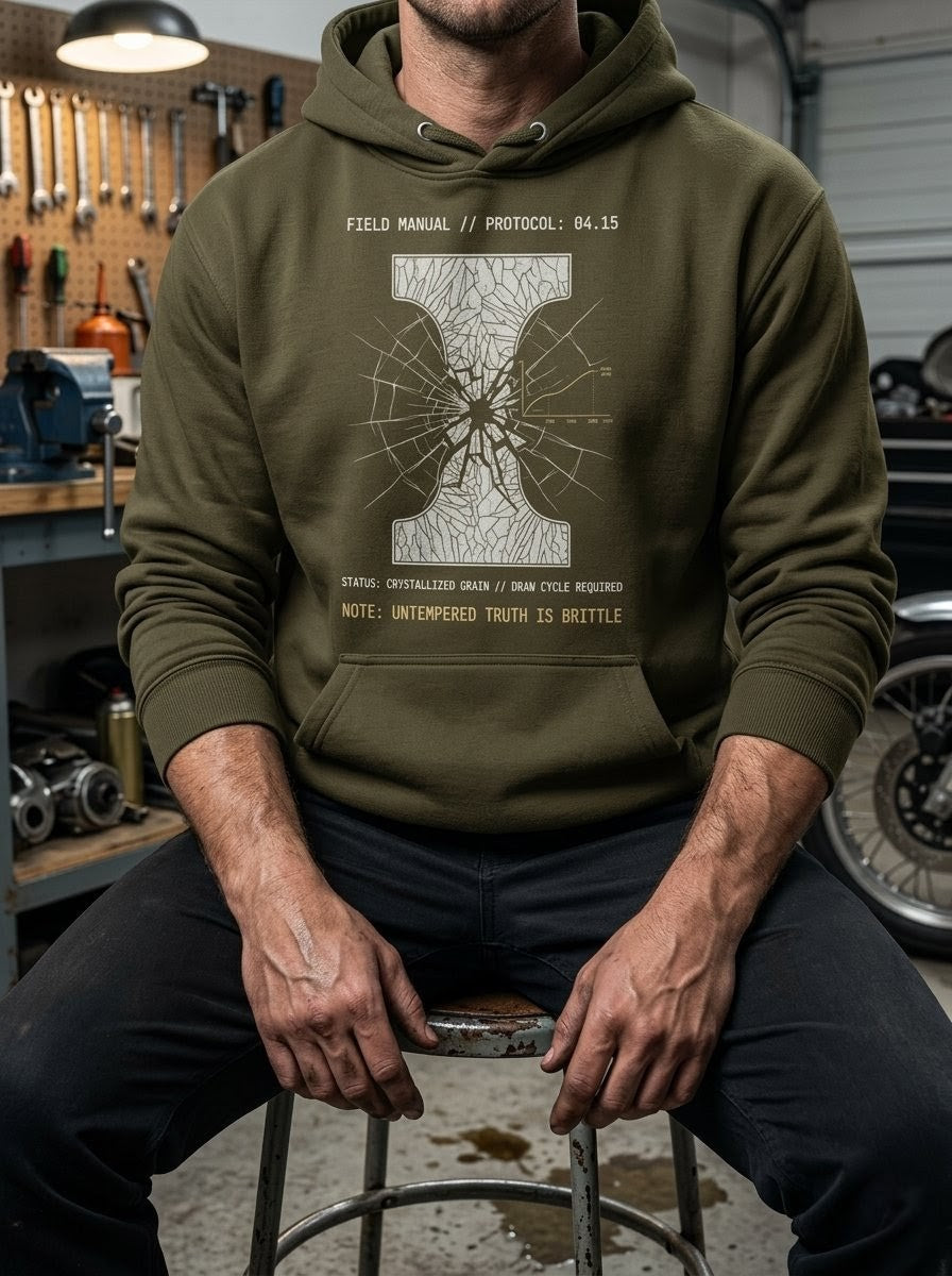 Man in a gritty industrial workshop wearing a Selah Supply Co Military Green 'Component: Temper' hoodie featuring a technical crystalline grain shatter graphic inspired by Ephesians 4:15.