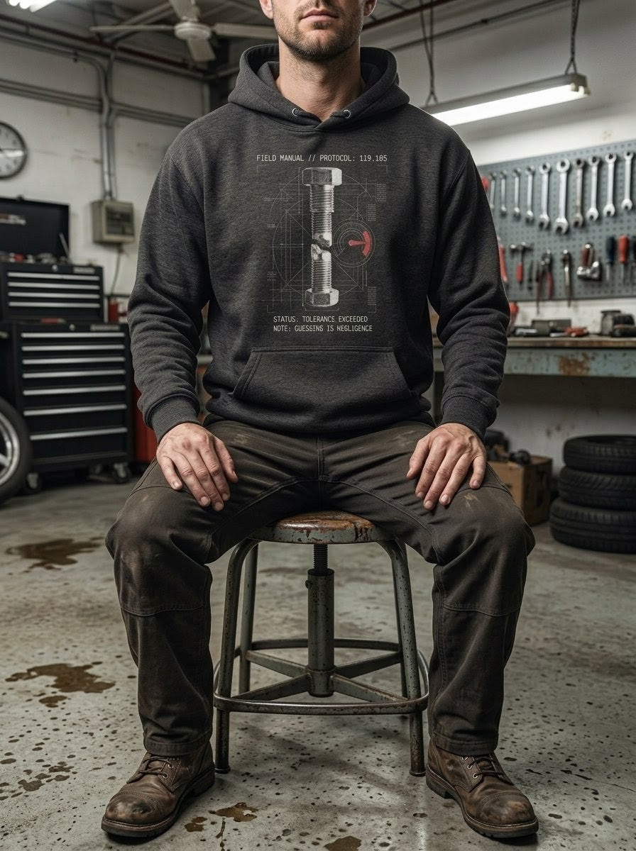 A man sitting in a gritty workshop wearing a Heather Black Selah Supply Co. hoodie. The graphic features a technical blueprint of a fractured metal bolt and a red gauge. Text reads Component Torque Spec 119.105. Parable-based Christian streetwear.