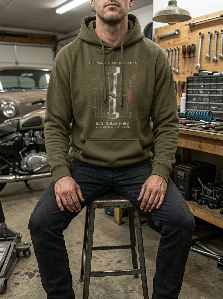 A man sitting in a gritty workshop wearing a military green Selah Supply Co. hoodie. The graphic features a technical blueprint of a fractured metal bolt and a red gauge. Text reads Component Torque Spec 119.105. Parable-based Christian streetwear.