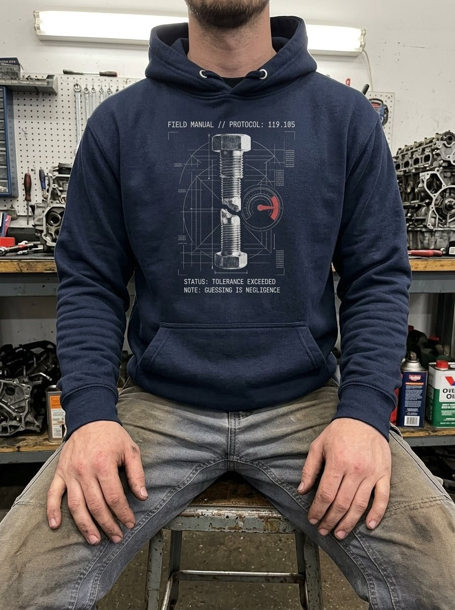 A man sitting in a gritty workshop wearing a navy blue Selah Supply Co. hoodie. The graphic features a technical blueprint of a fractured metal bolt and a red gauge. Text reads Component Torque Spec 119.105. Parable-based Christian streetwear.