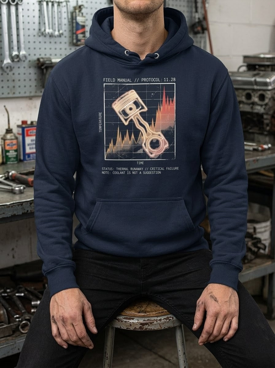 Model in a mechanical setting wearing the Selah Supply Co Navy Blazer hoodie with a thermodynamic chart design representing the 'Point of No Return' and spiritual rest.