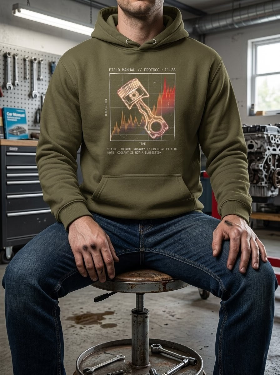 Person in a tool-filled garage wearing a Selah Supply Co Military Green graphic hoodie with a cooling system schematic and Matthew 11:28 scripture reference.