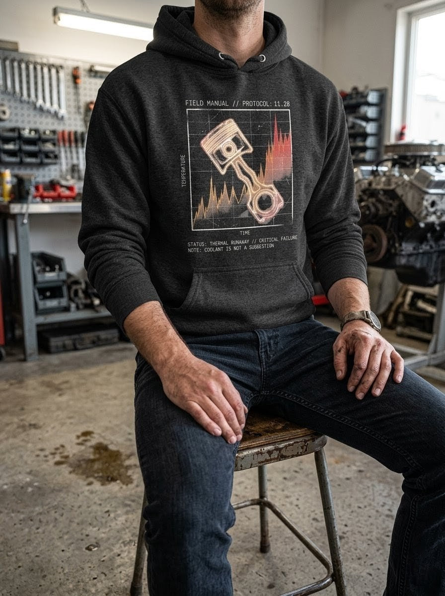 Man in a gritty industrial workshop wearing a Selah Supply Co Charcoal Heather 'Component: Thermal' hoodie featuring a technical piston-failure graphic inspired by Matthew 11:28.