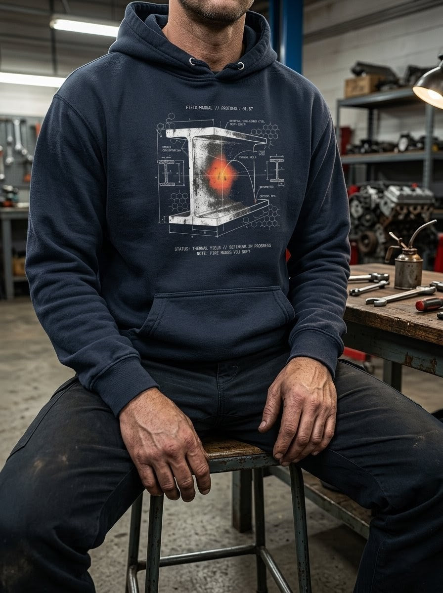 Man in a gritty industrial workshop wearing a Selah Supply Co Navy Blazer 'Component: Yield' hoodie featuring a technical I-beam heat treatment graphic inspired by 1 Peter 1:7.
