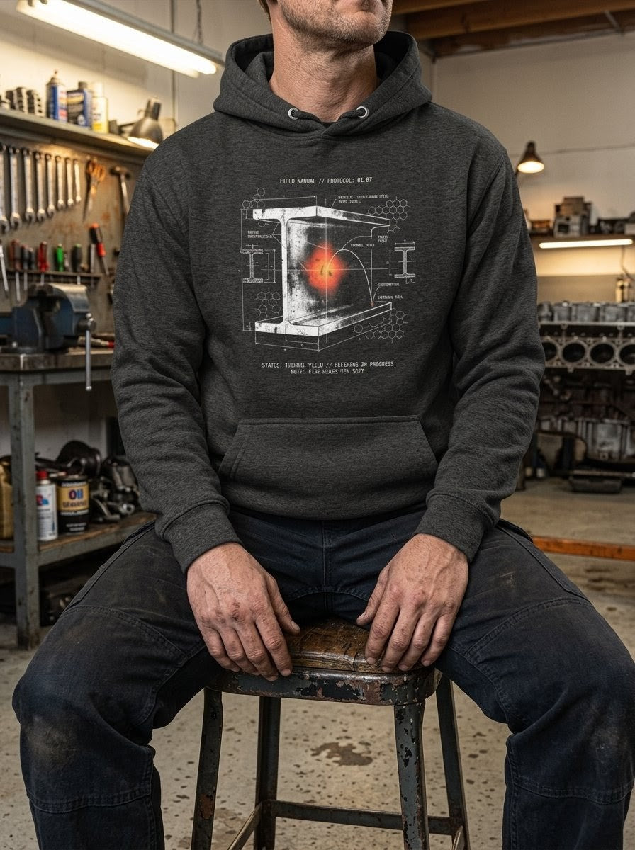 "Model in a mechanical garage setting wearing a Selah Supply Co Charcoal Heather hoodie with a thermal yield curve and molecular shift graphic representing the refining fire of faith."