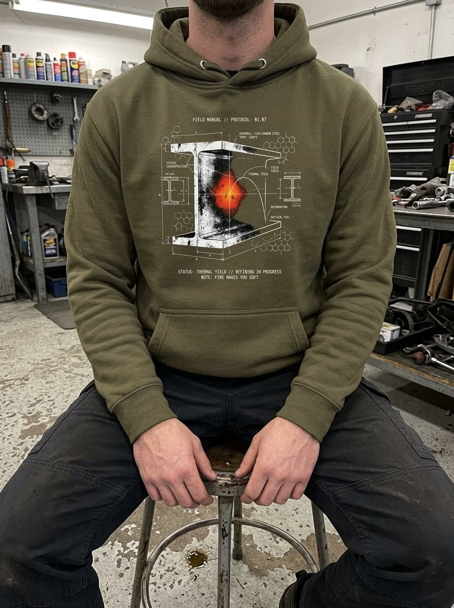 "Person in a tool-filled workshop wearing a Selah Supply Co Military Green graphic hoodie with an industrial structural beam being refined by heat and technical annealing schematics."