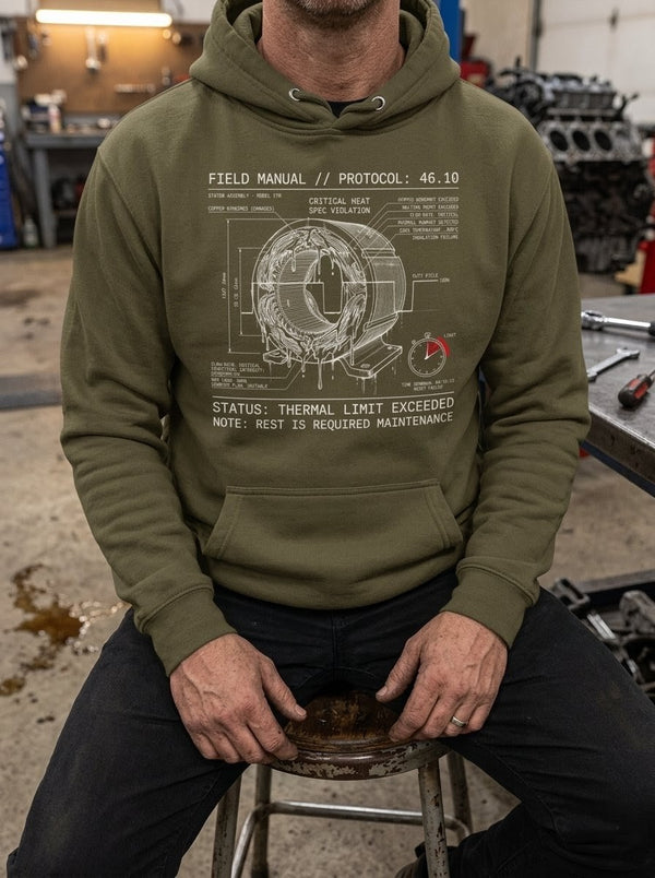 Man in a gritty industrial workshop wearing a Selah Supply Co Military Green 'Component: Duty' hoodie featuring a technical electric motor winding schematic inspired by Psalm 46:10.