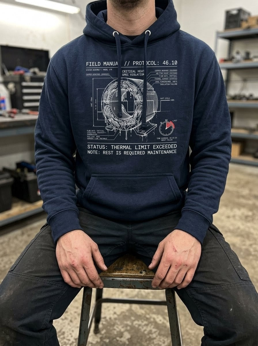 Model in a mechanical garage setting wearing a Selah Supply Co Navy Blazer hoodie with a square-wave 'Duty Cycle' chart and thermal limit technical graphics.