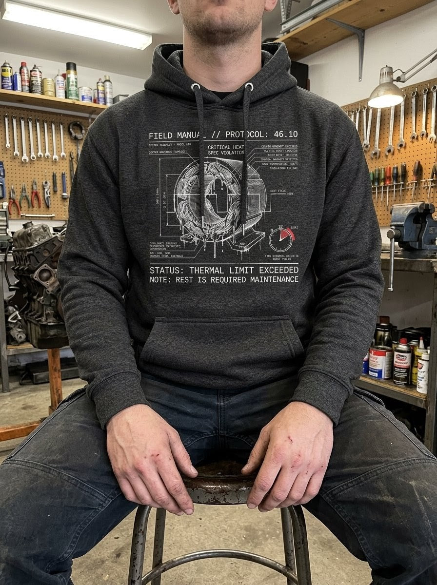Person in a tool-filled workshop wearing a Selah Supply Co Charcoal Heather hoodie with a high-contrast technical illustration of electric motor windings and 'Rest Is Not A Defect' monospaced text.