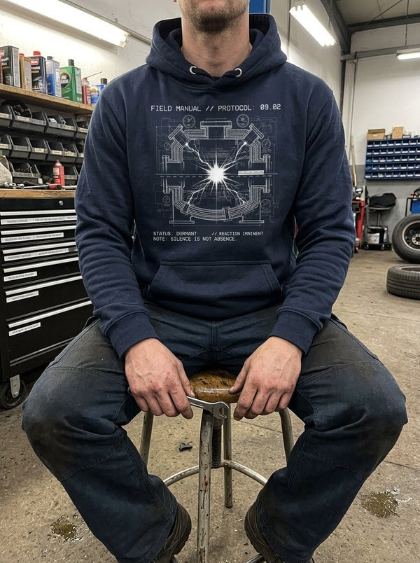 Selah Supply Co. Component: Reaction Spec 09.02 navy Christian hoodie featuring an industrial 'Reaction Chamber' graphic inspired by Isaiah 9:2. Technical streetwear design representing the Intertestamental Period with 'Wait for the Spark' typography and potential energy charts.