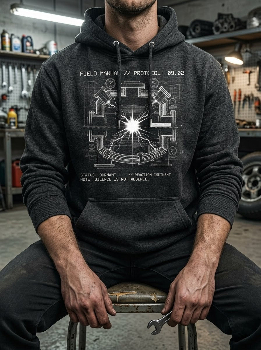 Person wearing a dark hoodie with technical design in a workshop setting