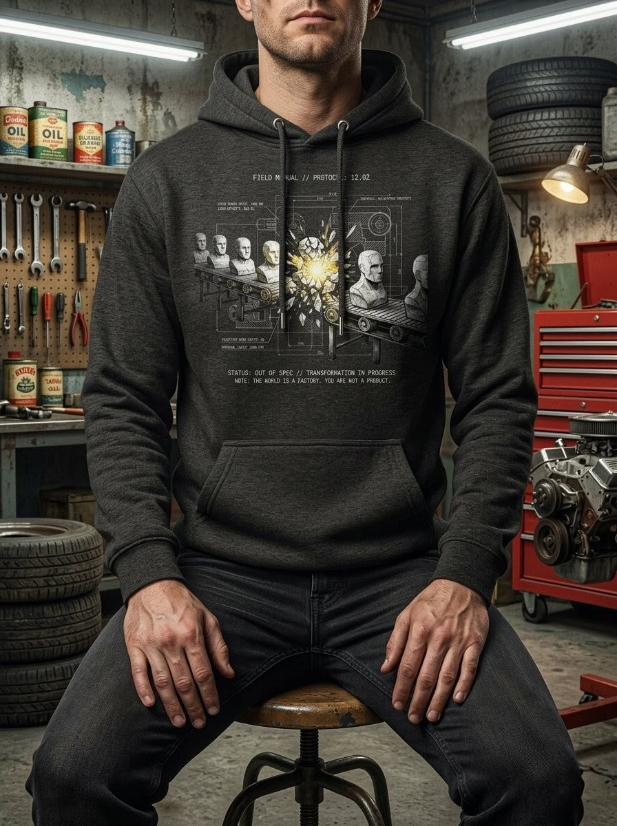 "A man wearing a charcoal grey Selah Supply Co. scripture hoodie in a gritty automotive workshop. The background features a wooden workbench, vintage oil cans, and an engine block, highlighting the industrial aesthetic of this conversation-starting Christian clothing brand."