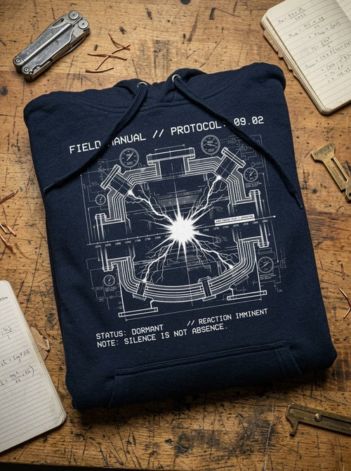 Selah Supply Co. Component: Reaction Spec 09.02 charcoal heather hoodie. Industrial Christian apparel featuring a technical 'Potential Energy' graph and reaction chamber artwork based on Isaiah 9:2. High-quality scripture-based streetwear for modern faith expression in a workshop environment.