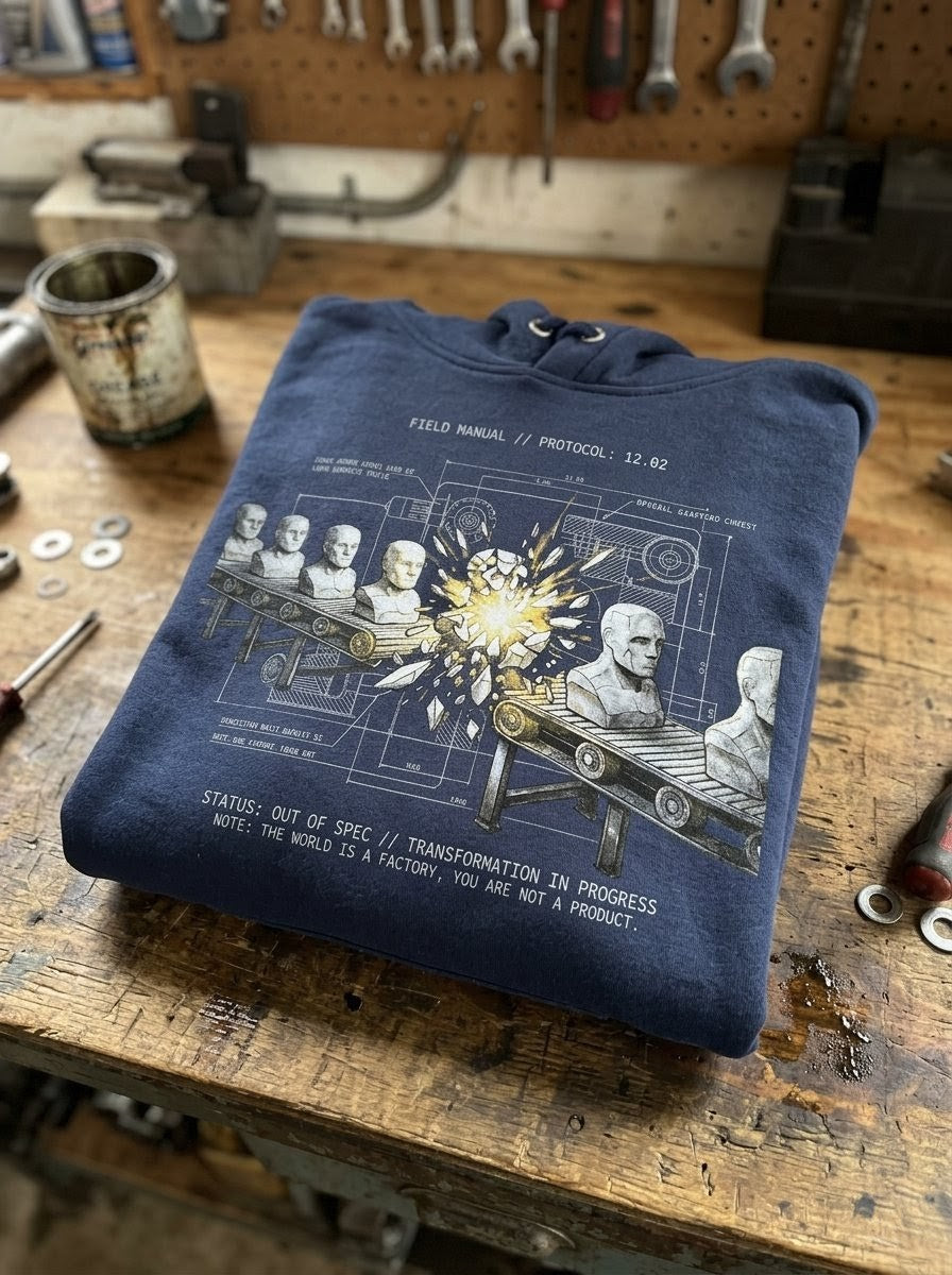 Blue hoodie with a detailed design on a wooden workbench with tools in the background