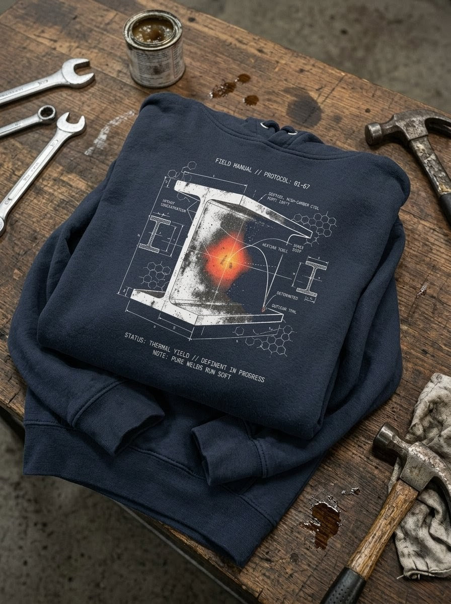 Navy blue sweatshirt with a graphic design on a wooden surface with tools.