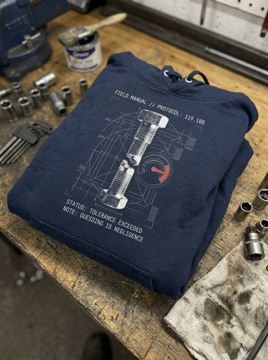 Navy blue hoodie with technical design on a workshop table